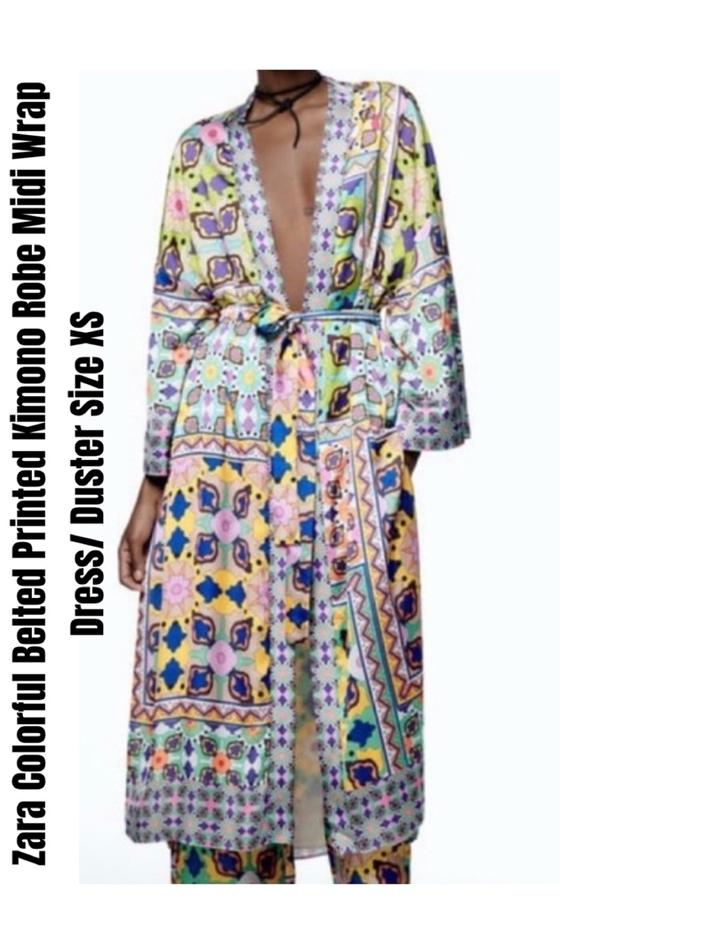 Zara Colorful Belted Printed Kimono Robe Midi Wrap Dress/ Duster Size XS